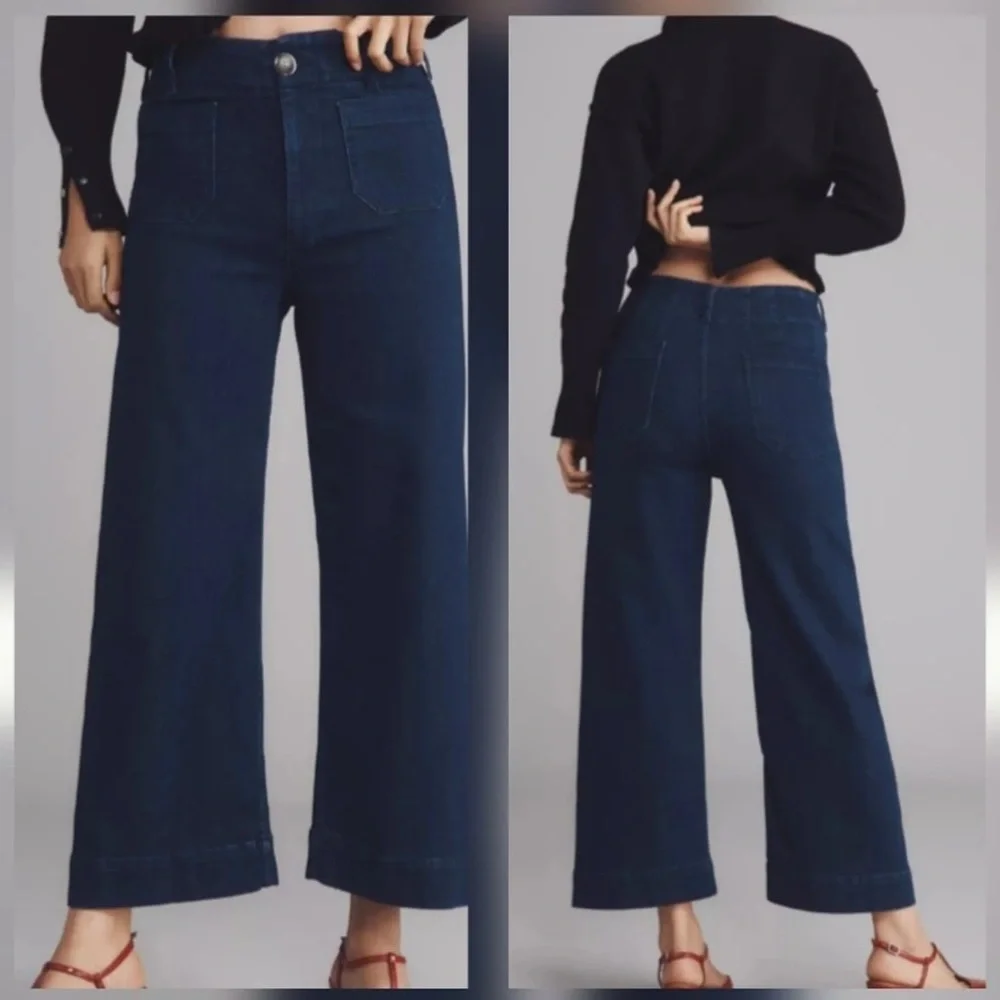 Anthropologie The Colette Crop High-Rise Wide-Leg Dark Blue Jeans by Maeve - Picture 4 of 14